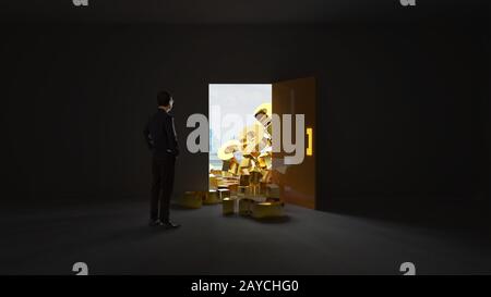 Businessman stand in front of a bunch of question marks fell in from the exit door from outside . Mixed media . Stock Photo