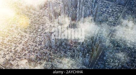 Aerial view of futuristic sci-fi city and commercial office building . 3d illustration rendering . Stock Photo