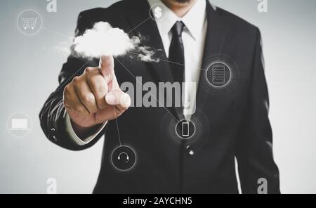 Businessmen press to the cloud server Stock Photo