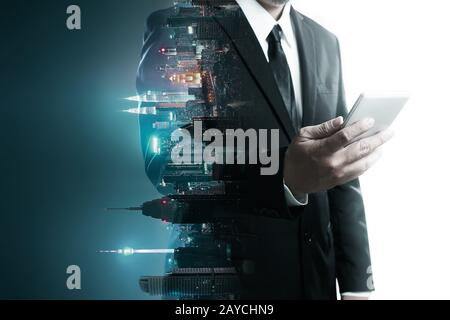 Abstract double exposure image of businessman man using mobile smart phone mix with flip night creative city background . Always Stock Photo