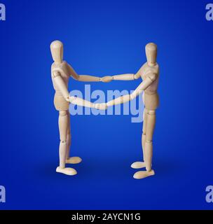 Wooden toy figures on blue Stock Photo