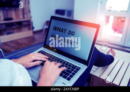 Word writing text What Do You Want Question. Business concept for say or write in order to ask demonstrating about something wom Stock Photo