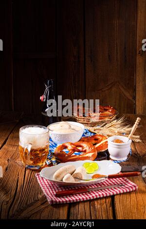 Weisswurst pretzels and beer for Oktoberfest Stock Photo