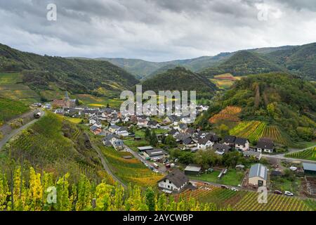 Hiking on the red wine trail in the Ahr valley in the rain Stock Photo