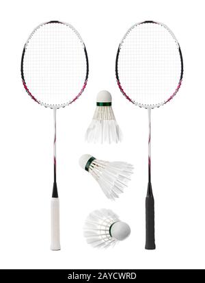 Badminton rackets and feather shuttlecocks Stock Photo