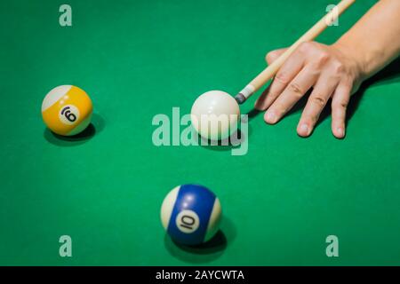 Billiard balls on pool green table Stock Photo