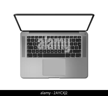 Open laptop top view with blank screen, isolated on white. Dark silver. 3D render Stock Photo