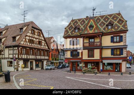 Street in Obermai, Alsace, France Stock Photo