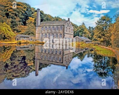 watercolor painting of gibson mill a water powered mill with main bulding relected in the pond in hardcastle crags near hebden b Stock Photo