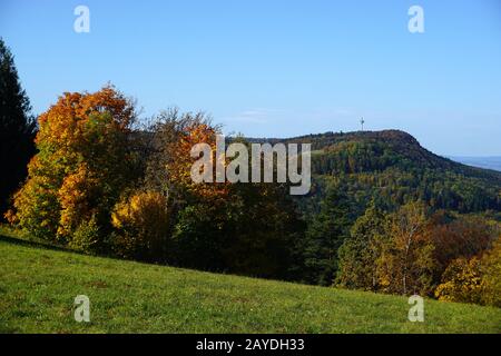 Autumn landscape on the Swabian Alb, view to Lochen and Plettenberg Tower Stock Photo