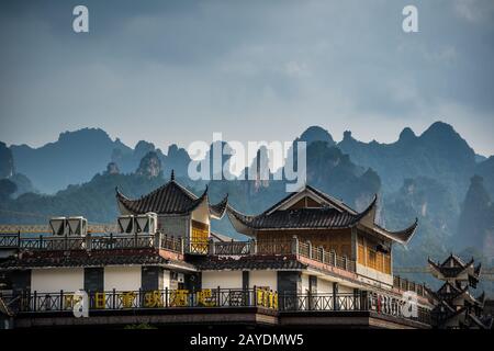 Traditional chinese buildings in Wulingyuan Stock Photo