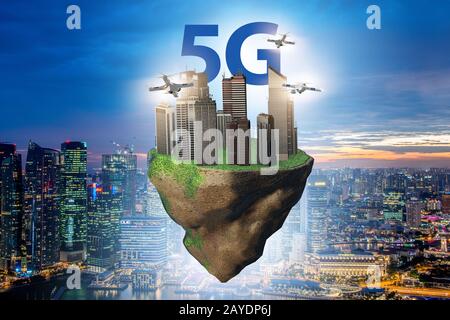 Concept of 5g technology with floating island Stock Photo