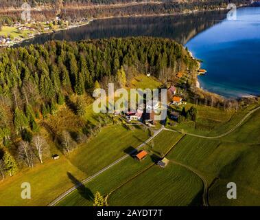 Aerial view, Walchensee, Upper Bavaria, Bavaria, Germany Stock Photo