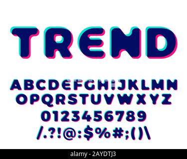 Stereoscopic stereo 3d vector letters and numbers. Colorful green and pink glitch alphabet. Typography abc with effect stereoscopic illustration. Stock Vector