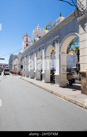 Sucre Bolivia white arches in San Alberto street Stock Photo