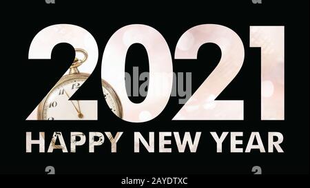 2021 New year eve. Black paper cut out number 2021 layer against gold pocket watch almost at midnight on pink background. Happy new year text, greetin Stock Photo