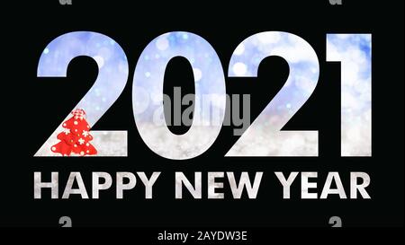 2021 New year eve. Black paper cut out number 2021 layer against Christmas ornaments on blue snowy bokeh background. Happy new year text, greeting car Stock Photo