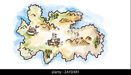 Medieval fantasy map of an island Drawing Retro Stock Photo - Alamy