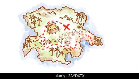 Illustration of a treasure map showing island with coast and compass ...