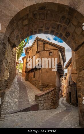 Streets of Albarracin, a picturesque medieval village in Aragon, Spain Stock Photo