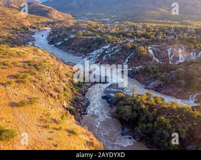 aerial Epupa Falls on the Kunene River in Namibia Stock Photo