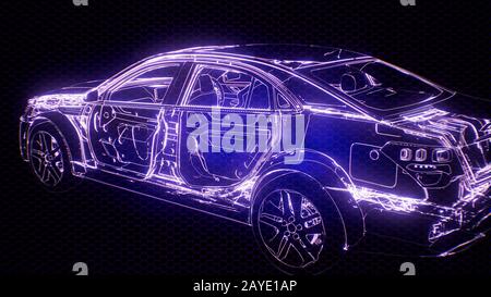 Holographic animation of 3D wireframe car model with engine Stock Photo