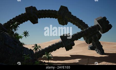 old rusted alien spaceship in desert. ufo Stock Photo