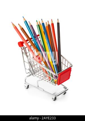 Multicolored pencils in shopping cart Stock Photo