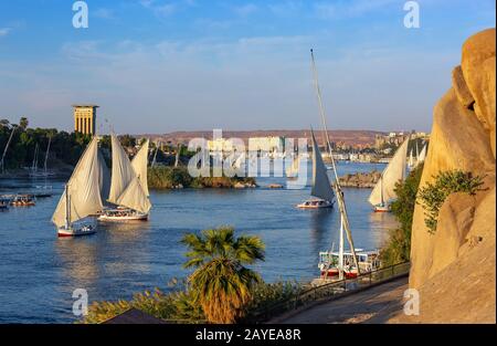 felucca boats on Nile river in Aswan Stock Photo
