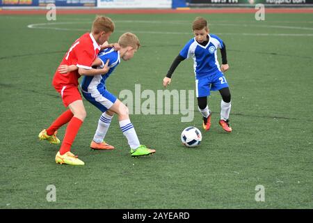 Orenburg, Russia - May 28, 2017 year: The boys play football in the preliminary games football festi Stock Photo