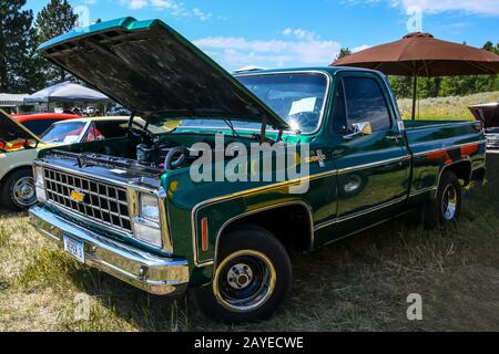 A large outdoor Rev Mountain Car and Bike Show in Lincoln, Montana Stock Photo