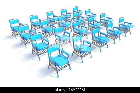 Group of twenty blue student chairs 3D render perspective Stock Photo