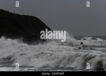 Gower, Swansea, UK. 15th February 2020. UK Weather: Rough seas at Langland Bay, Gower, as Storm Dennis brings bad weather to Swansea in South Wales as the UK is hit by 70mph winds and heavy rain as another named storm disrupts the weekend. Credit : Robert Melen/Alamy Live News. Stock Photo