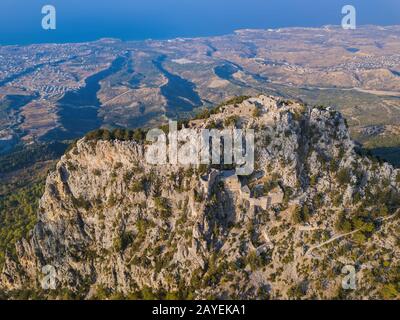 Buffavento Castle in Kyrenia region - Northern Cyprus - aerial view Stock Photo