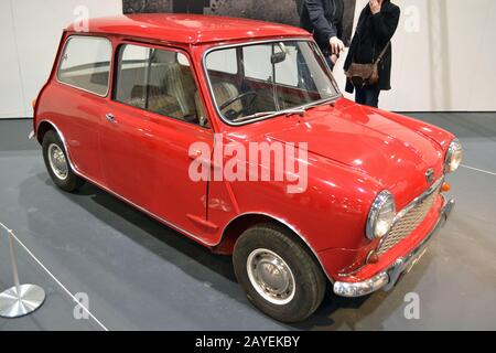 1959 Austin Mini Seven in James May's Cars that Changed the World exhibition, at the London Classic Car Show, England, UK Stock Photo