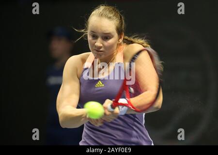 Elena Rybakina of Kazakhstan in action against Oceane Dodin of France during the St.Petersburg Ladies Trophy 2020 tennis tournament at Sibur Arena.Final score: (Elena Rybakina 2-1 Oceane Dodin) Stock Photo