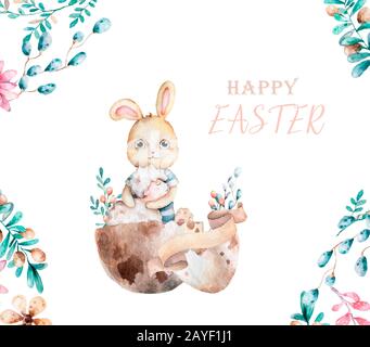 Hand drawn watercolor happy easter Watecolor cute baby bunny with lamp sitting intro egg. Rabbit bohemian cartoon style, isolated boho illustration Stock Photo