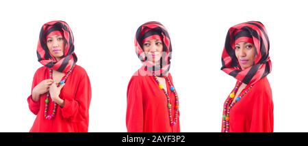 Woman in red scaf on white Stock Photo