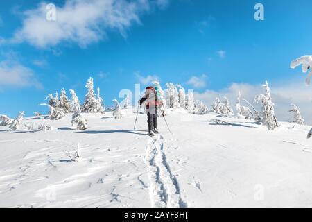 Man hiking on snow in mountains Stock Photo