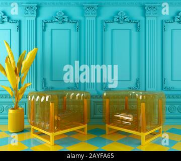 vibrant turquoise blue interior design background with yellow modern transparent armchairs and plant on a molding classic wall, 3d render Stock Photo