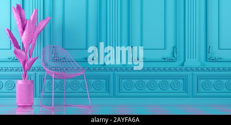 vibrant turquoise blue interior design background with pink chair and plant on a molding classic wall, 3d render Stock Photo