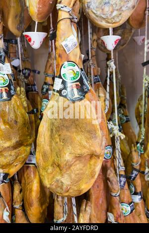 Jamon de Trevelez air-cured ham hanging at La Solera de la Alpujarra, Trevelez (one of the highest villages in Spain), Andalucia, Spain in February Stock Photo