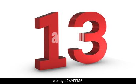 3D Shiny Red Number Thirteen 13 Isolated on White Background. Stock Photo