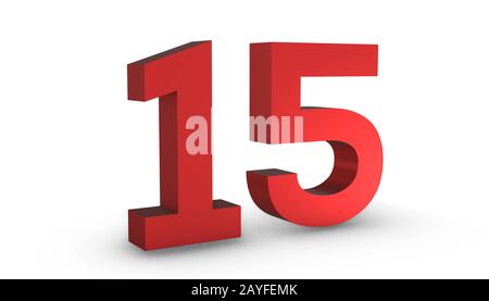 3D Shiny Red Number Fifteen 15 Isolated on White Background. Stock Photo