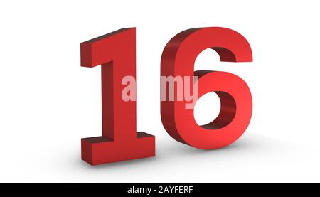 3D Shiny Red Number Sixteen 16 Isolated on White Background. Stock Photo