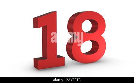 3D Shiny Red Number Eighteen 18 Isolated on White Background. Stock Photo