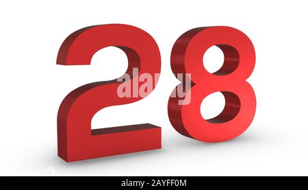 3D Shiny Red Number Twenty Eight 28 Isolated on White Background. Stock Photo