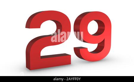 3D Shiny Red Number  Twenty Nine 29 Isolated on White Background. Stock Photo