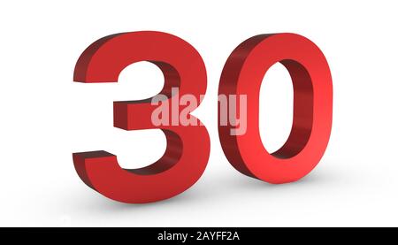 3D Shiny Red Number Thirty 30 Isolated on White Background. Stock Photo