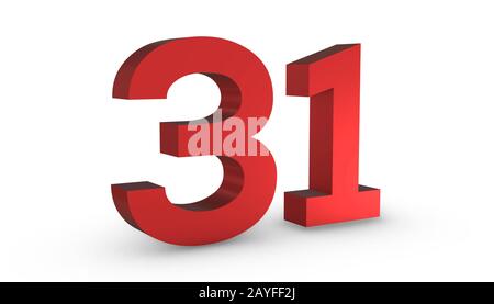 3D Shiny Red Number Thirty One 31 Isolated on White Background. Stock Photo
